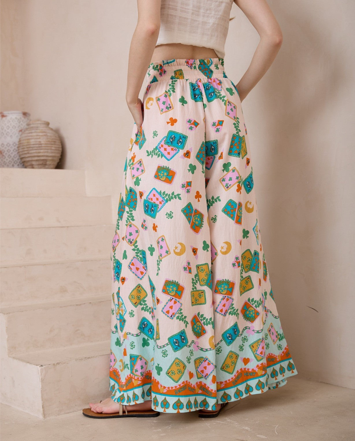 Poker Print Wide-Leg Maxi Pants