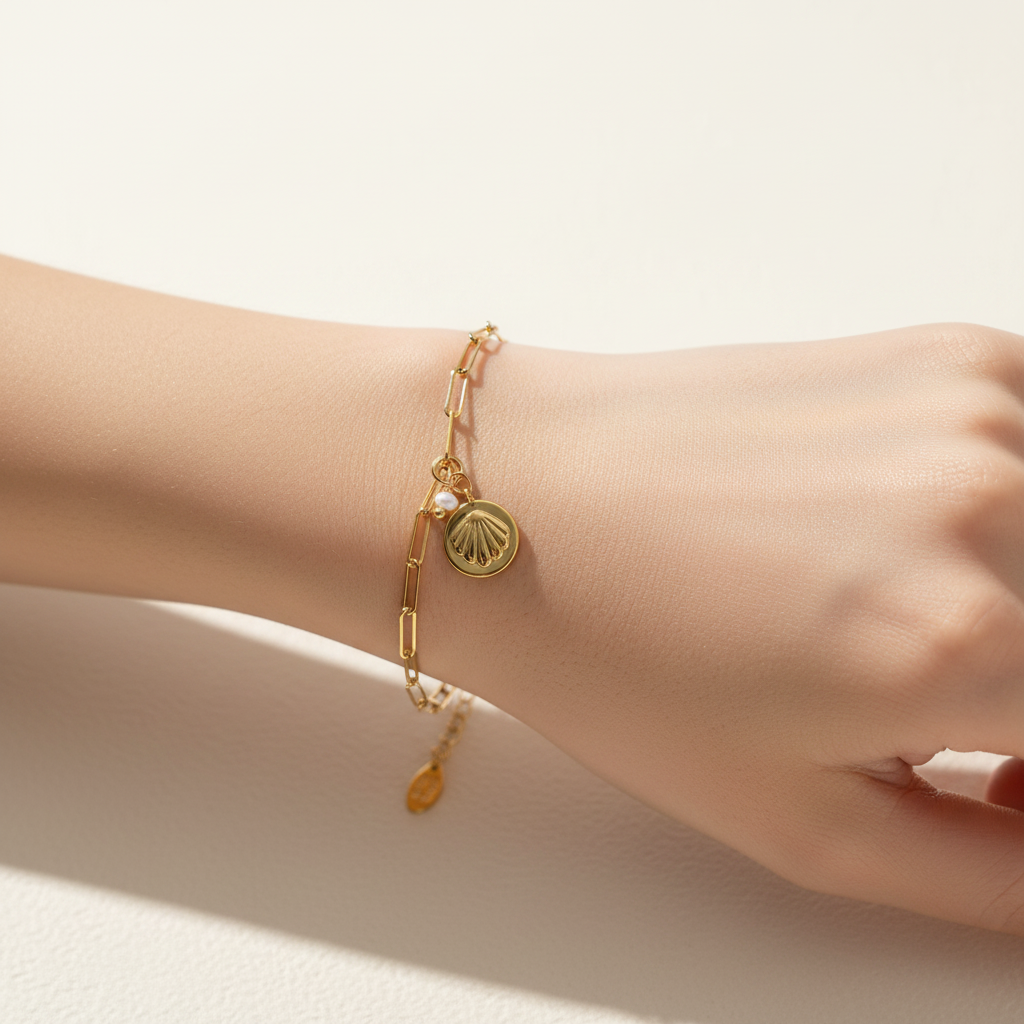 Gold bracelet with shell charm on a white background