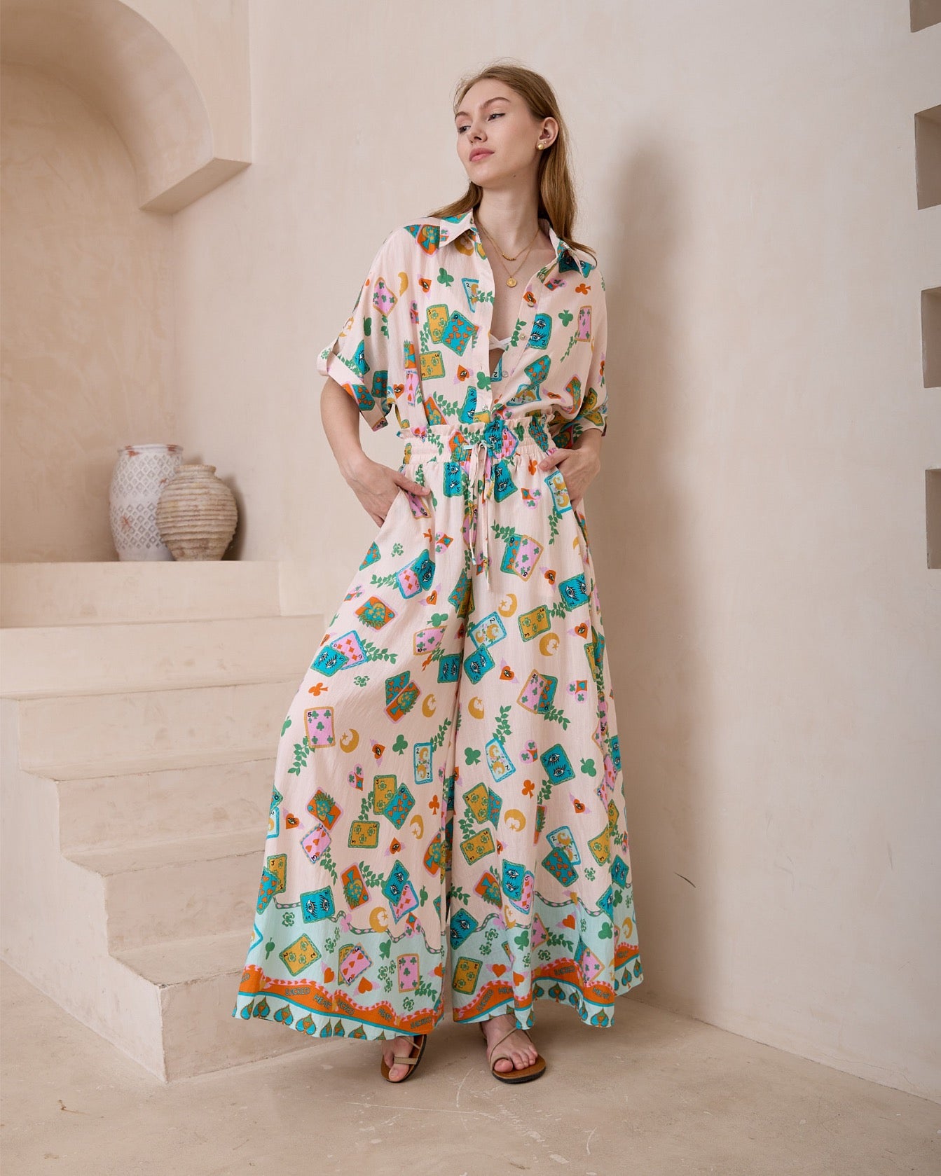 Poker Print Wide-Leg Maxi Pants