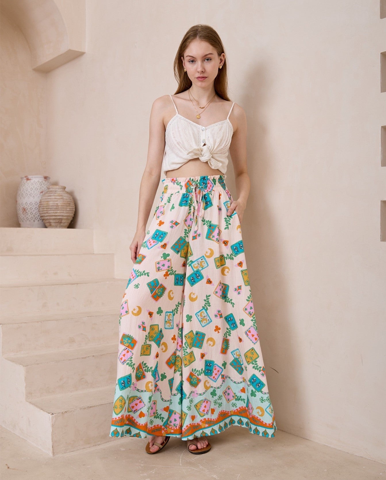 Poker Print Wide-Leg Maxi Pants