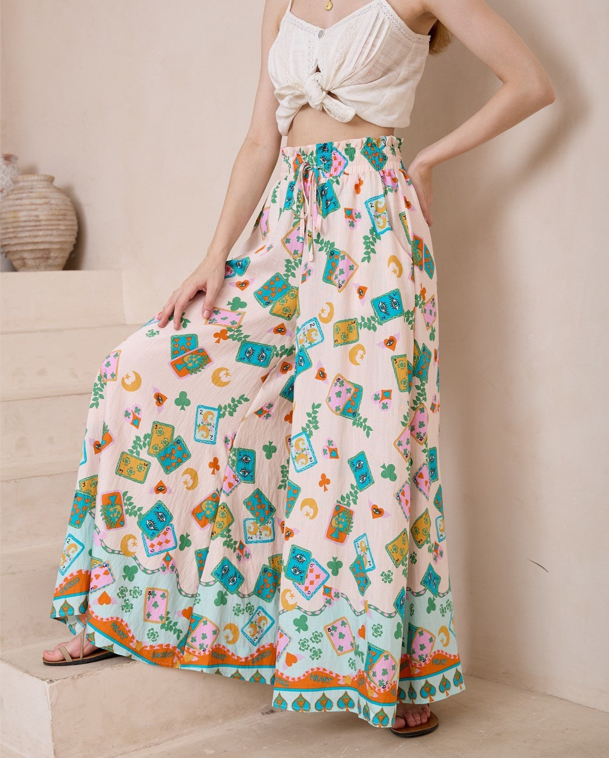 Poker Print Wide-Leg Maxi Pants